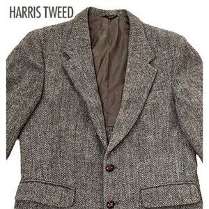 Men’s vintage authentic 100% wool Harris Tweed blazer, taupe herringbone, 42” ch